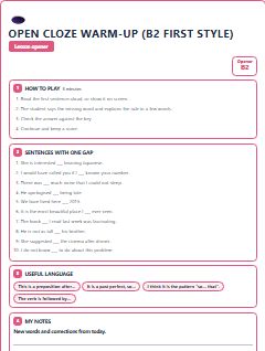 First page of Opener: Open Cloze Warm-up (B2 First style), B2 activity bank
