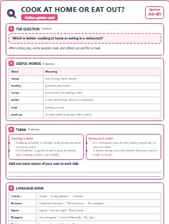 First page of Opinion: Cook at Home or Eat Out?, A2 lesson plan