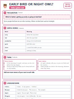 First page of Opinion: Early Bird or Night Owl?, A2 lesson plan