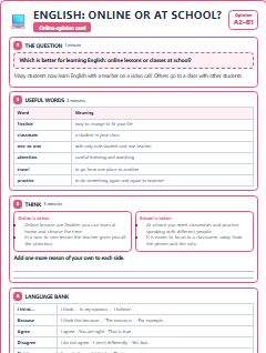 First page of Opinion: English: Online or at School?, A2 lesson plan
