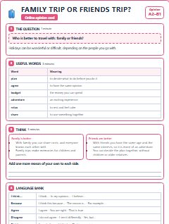 First page of Opinion: Family Trip or Friends Trip?, A2 lesson plan