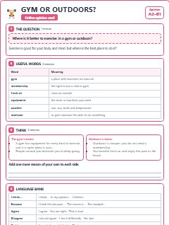 First page of Opinion: Gym or Outdoors?, A2 lesson plan