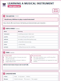 First page of Opinion: Learning a Musical Instrument, A2 lesson plan