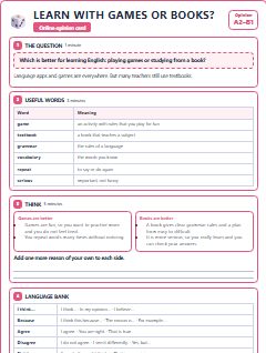 First page of Opinion: Learn with Games or Books?, A2 lesson plan