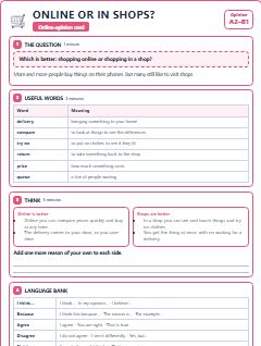 First page of Opinion: Online or in Shops?, A2 lesson plan