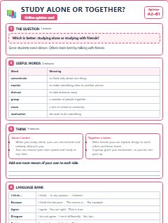 First page of Opinion: Study Alone or Together?, A2 lesson plan