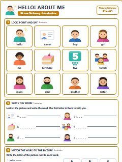 First page of Picture Dictionary: Hello! About Me, Pre-A1 vocabulary list