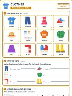 First page of Picture Dictionary: Clothes, Pre-A1 vocabulary list