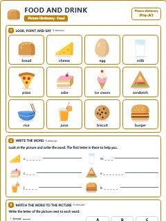 First page of Picture Dictionary: Food and Drink, Pre-A1 vocabulary list