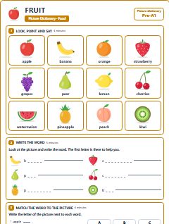 First page of Picture Dictionary: Fruit, Pre-A1 vocabulary list