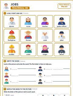 First page of Picture Dictionary: Jobs, Pre-A1 vocabulary list