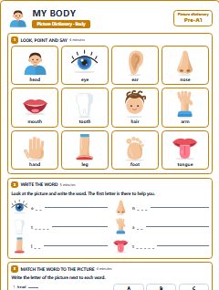 First page of Picture Dictionary: My Body, Pre-A1 vocabulary list