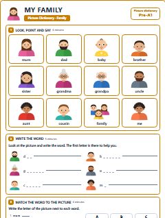 First page of Picture Dictionary: My Family, Pre-A1 vocabulary list