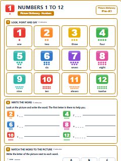 First page of Picture Dictionary: Numbers 1 to 12, Pre-A1 vocabulary list