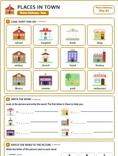 First page of Picture Dictionary: Places in Town, Pre-A1 vocabulary list