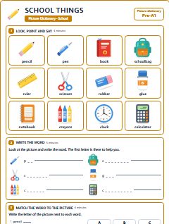 First page of Picture Dictionary: School Things, Pre-A1 vocabulary list