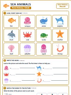 First page of Picture Dictionary: Sea Animals, Pre-A1 vocabulary list