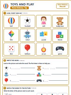 First page of Picture Dictionary: Toys and Play, Pre-A1 vocabulary list