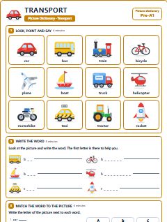 First page of Picture Dictionary: Transport, Pre-A1 vocabulary list