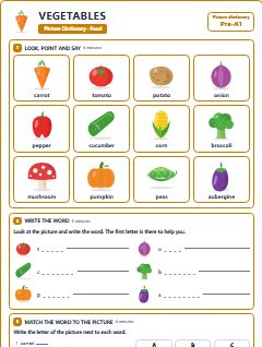 First page of Picture Dictionary: Vegetables, Pre-A1 vocabulary list