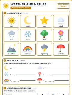First page of Picture Dictionary: Weather and Nature, Pre-A1 vocabulary list