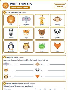 First page of Picture Dictionary: Wild Animals, Pre-A1 vocabulary list