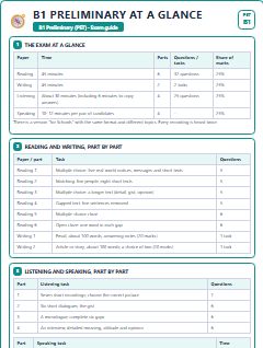 First page of PET Exam Guide: B1 Preliminary at a Glance, B1 guide