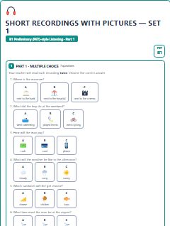 First page of PET Listening Part 1: Short Recordings with Pictures (Set 1), B1 exam practice