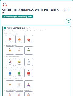 First page of PET Listening Part 1: Short Recordings with Pictures (Set 2), B1 exam practice