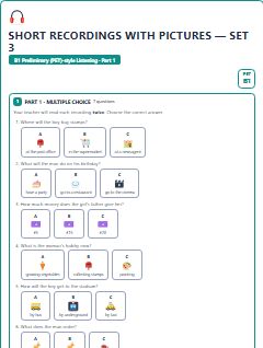First page of PET Listening Part 1: Short Recordings with Pictures (Set 3), B1 exam practice