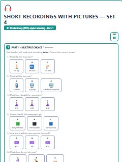 First page of PET Listening Part 1: Short Recordings with Pictures (Set 4), B1 exam practice