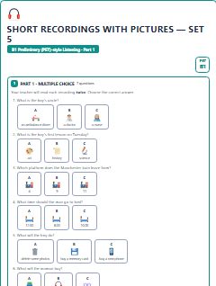 First page of PET Listening Part 1: Short Recordings with Pictures (Set 5), B1 exam practice