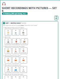 First page of PET Listening Part 1: Short Recordings with Pictures (Set 6), B1 exam practice