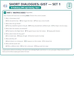 First page of PET Listening Part 2: Short Dialogues: Gist (Set 1), B1 exam practice