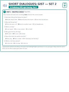First page of PET Listening Part 2: Short Dialogues: Gist (Set 2), B1 exam practice