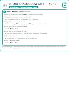 First page of PET Listening Part 2: Short Dialogues: Gist (Set 3), B1 exam practice