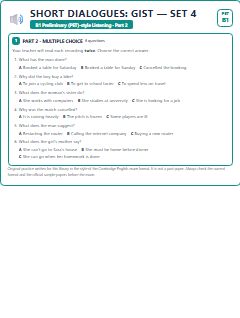 First page of PET Listening Part 2: Short Dialogues: Gist (Set 4), B1 exam practice