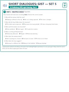 First page of PET Listening Part 2: Short Dialogues: Gist (Set 5), B1 exam practice