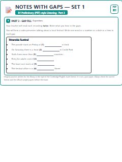 First page of PET Listening Part 3: Notes with Gaps (Set 1), B1 exam practice