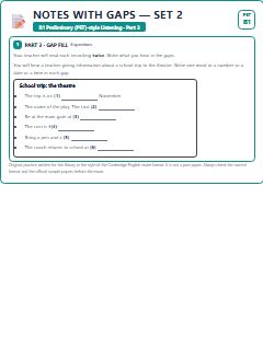 First page of PET Listening Part 3: Notes with Gaps (Set 2), B1 exam practice