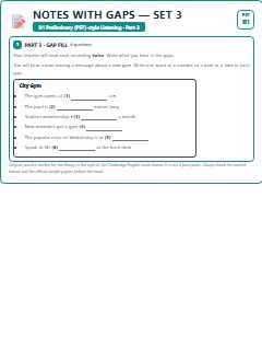 First page of PET Listening Part 3: Notes with Gaps (Set 3), B1 exam practice