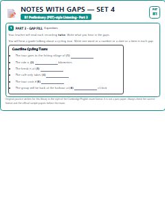 First page of PET Listening Part 3: Notes with Gaps (Set 4), B1 exam practice