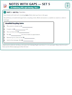 First page of PET Listening Part 3: Notes with Gaps (Set 5), B1 exam practice