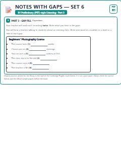 First page of PET Listening Part 3: Notes with Gaps (Set 6), B1 exam practice