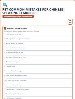 First page of PET Common Mistakes for Chinese-speaking Learners, B1 worksheet
