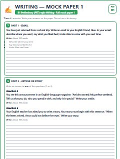 First page of PET Writing Mock Paper 1, B1 exam practice
