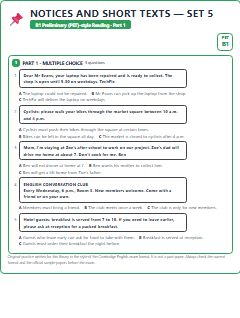 First page of PET Reading Part 1: Notices and Short Texts (Set 5), B1 exam practice