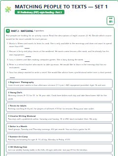 First page of PET Reading Part 2: Matching People to Texts (Set 1), B1 exam practice