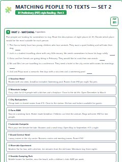 First page of PET Reading Part 2: Matching People to Texts (Set 2), B1 exam practice