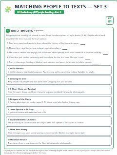 First page of PET Reading Part 2: Matching People to Texts (Set 3), B1 exam practice